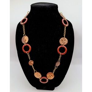 Boho Gold Tone Geometric Statement Necklace Wood Texture Resin Rings Brown Red